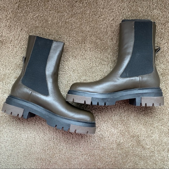 New Zara Chelsea Khaki Leather Ankle Boots Lug Soles Size 7.5 8 9 10 1176/810 - Picture 3 of 7
